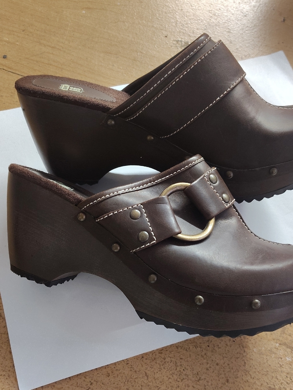 Route 66 Brown Leather Wedge Clogs with Brass Ring
